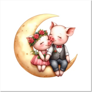 Valentine Pig Couple on Moon Posters and Art